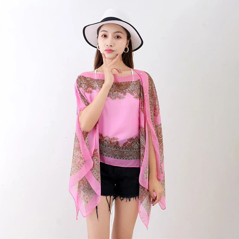 Women’s Summer Beach Shawl – Loose Chiffon Bikini Cover-Up Blouse with Buttons Sun Protection Scarf