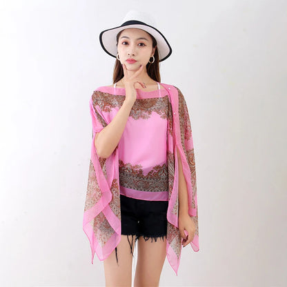 Women’s Summer Beach Shawl – Loose Chiffon Bikini Cover-Up Blouse with Buttons Sun Protection Scarf