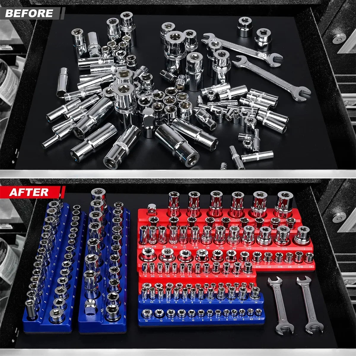 Blue Magnetic Socket Storage Rack - 1/4", 3/8" & 1/2" Drive Metric Tool Organizer Holder