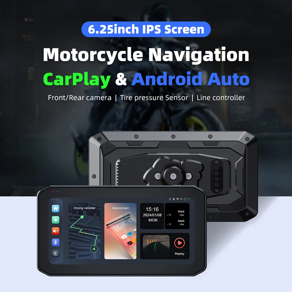 EKIY 6.25" Wireless CarPlay Motorcycle Display – Android Auto GPS Navigation Screen with TPMS Monitoring Portable Dashboard Unit