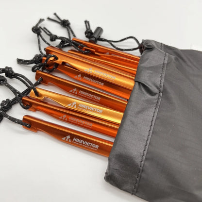 Hikevictor 10pcs Aluminum Alloy Ultralight Tent Pegs 16cm | Outdoor Camping Ground Nail Stakes with Wind Rope Storage Bag