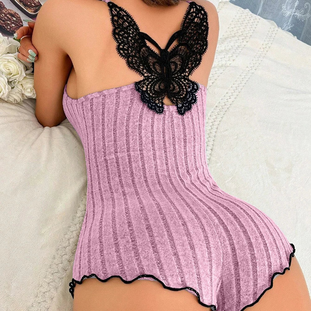 Women’s Butterfly Embroidered Onesie Pajamas – Summer Lace Splice Bodysuit Loungwear