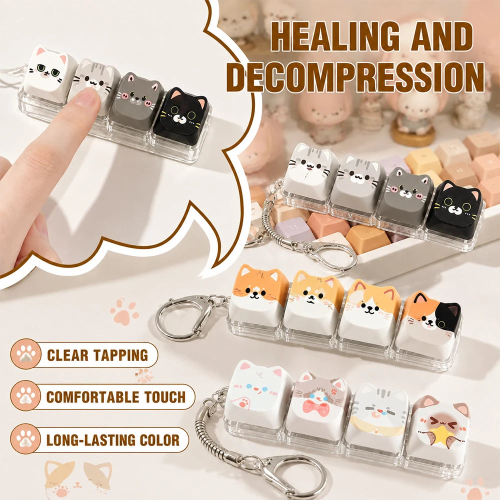 Cute Cat Relax Keycap Fidget Toy - Kawaii 4-Key Keyboard Keychain & Bag Charm Gift