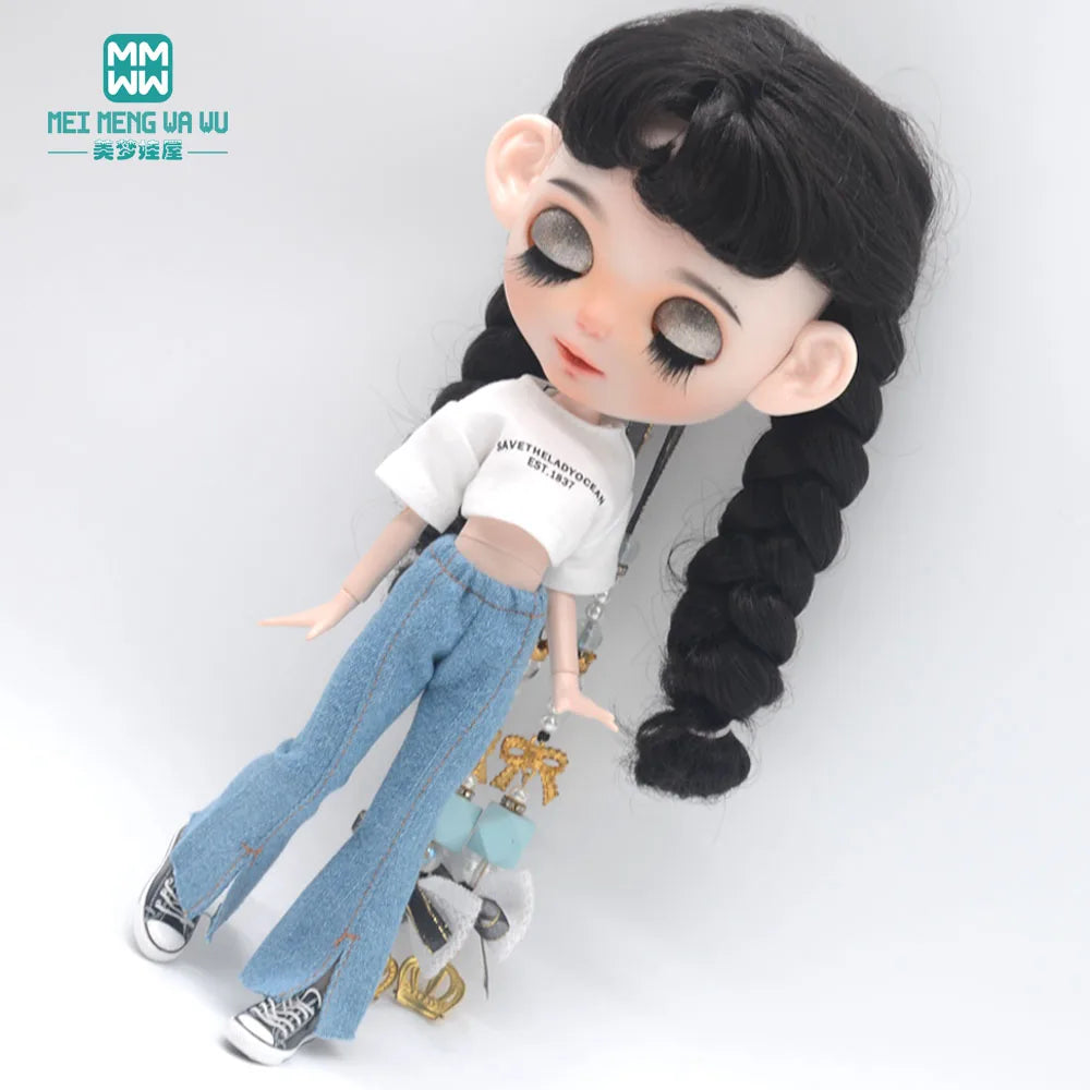 Blythe Doll Clothes – Fashion Tops, Black & White Shirts with Jeans & Plaid Pants for Azone OB22/OB24 Dolls