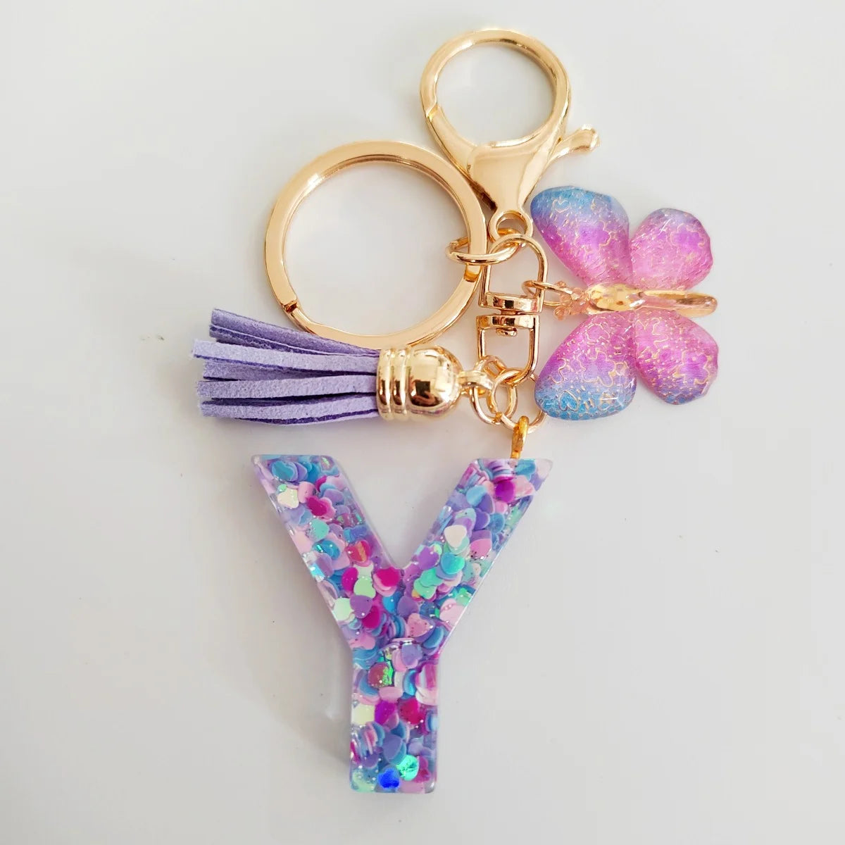 Butterfly Fringe Initial Keychain - Sequin A-Z Letter Bag Charm for Women, Students & Gifts