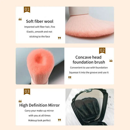 5Pcs Shell Portable Makeup Brush Set with HD Mirror - Soft Fiber Hair Beauty Tool including Lip Brush and Full Cosmetic Brush Set