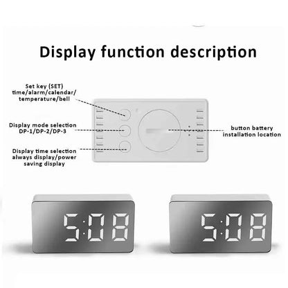 White LED Mirror Table Clock – USB Digital Alarm Clock with Snooze, Night Light & Time Display for Home Decor