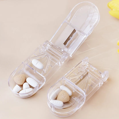 2-in-1 Pill Cutter with Invisible Storage Box – Portable Mini Tablet & Medicine Crusher, Dustproof Divider Organizer