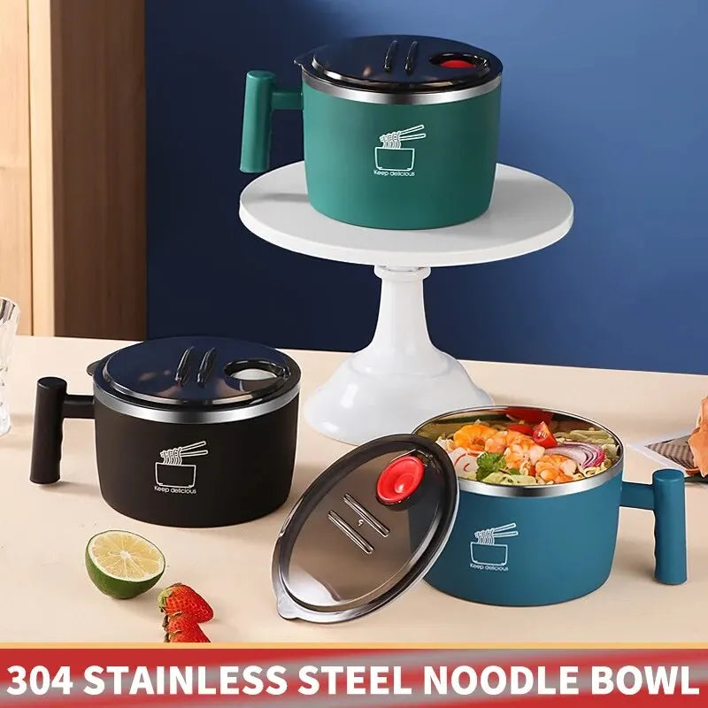 Stainless Steel Instant Noodle Bowl with Lid - Sealed & Portable Drain Bowl, Ideal Kitchen Utensil for Instant Noodles