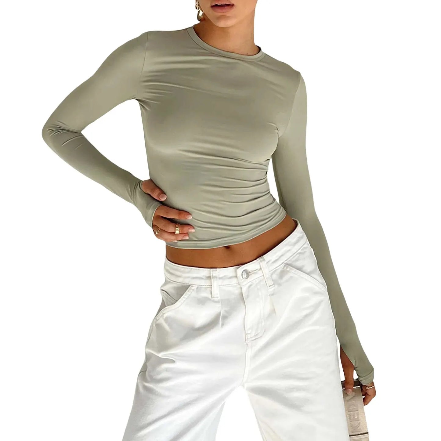 Y2K Long Sleeve T-Shirts for Women - Slim Fit, Casual Pullovers with Thumb Holes, Basic Tees for Spring and Autumn Streetwear