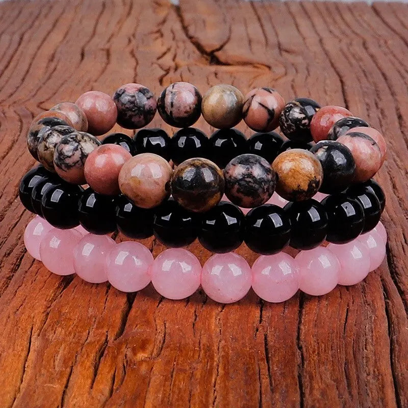 3Pcs Natural Stone Bracelet Set: 8mm Rhodonite, Rose Quartz, Amethysts, Hematite - Unisex Jewelry for Women & Men