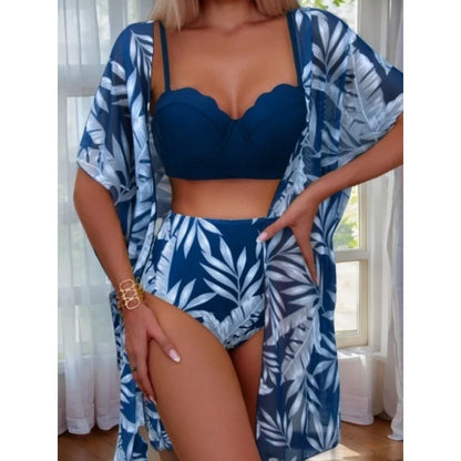 Elegant 3-Piece Vintage Bikini Set for Women – High Waist Swimsuit with Mesh Cover-Up 2025 Bathing Suit