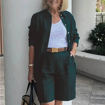 Women’s 2 Piece Summer Outfit Set - Solid Color Cardigan Shirt Top & Casual Shorts Matching Ensemble