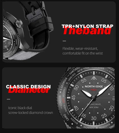 NORTH EDGE MACH 2024 Solar Powered Men's Watch – Dual Time Zone Waterproof Pilot Watch with TPR Nylon Strap
