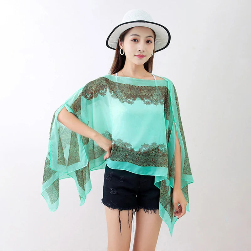 Women’s Summer Beach Shawl – Loose Chiffon Bikini Cover-Up Blouse with Buttons Sun Protection Scarf
