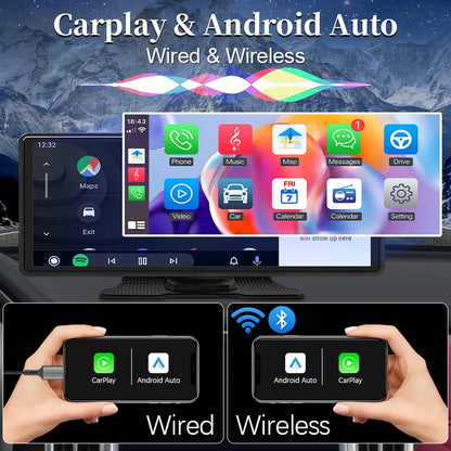 10.26" Portable Car Stereo - Wireless CarPlay & Android Auto Touchscreen with GPS Navigation and FM Multimedia Player