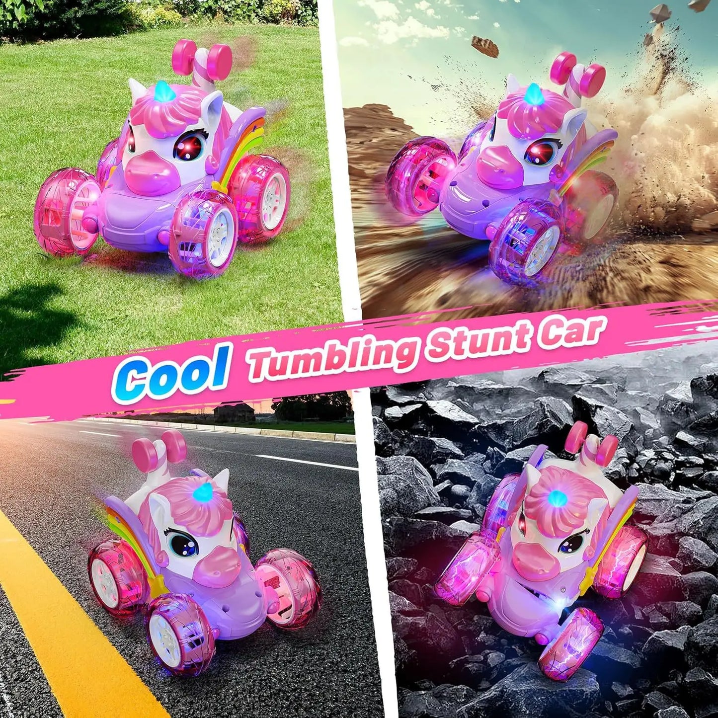 Remote Control Unicorn Car for Girls – 360° Rotating 4WD Stunt RC Toy with LED Lights, 2.4GHz Kids Gift