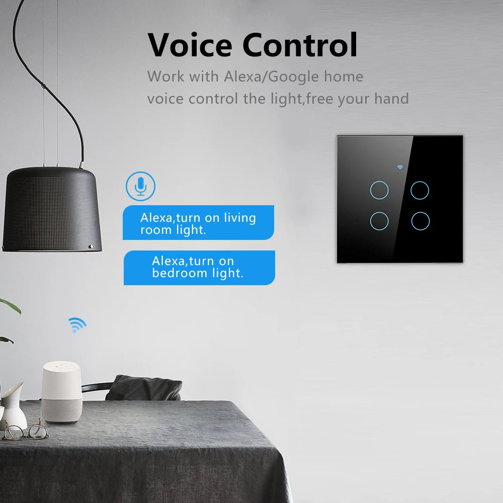 Tuya WiFi Smart Touch Light Switch - Wireless LED Control, No Neutral Wire Required, 1-4 Gang, Compatible with Alexa and Google Home