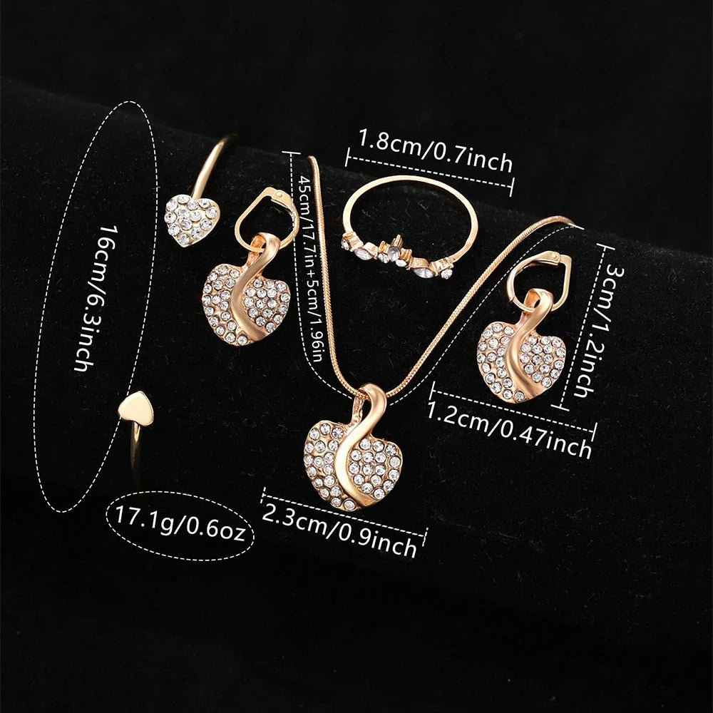 Women's Gold Quartz Watch Jewelry Set – Luxury Wristwatch with Ring, Necklace & Rhinestone Earrings