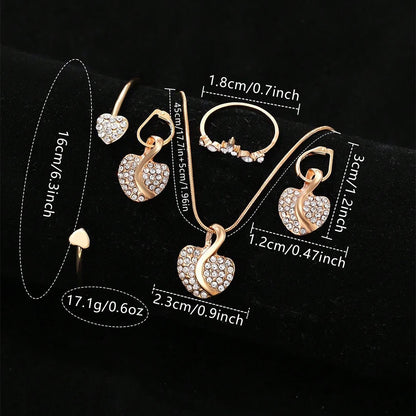 Women's Gold Quartz Watch Jewelry Set – Luxury Wristwatch with Ring, Necklace & Rhinestone Earrings