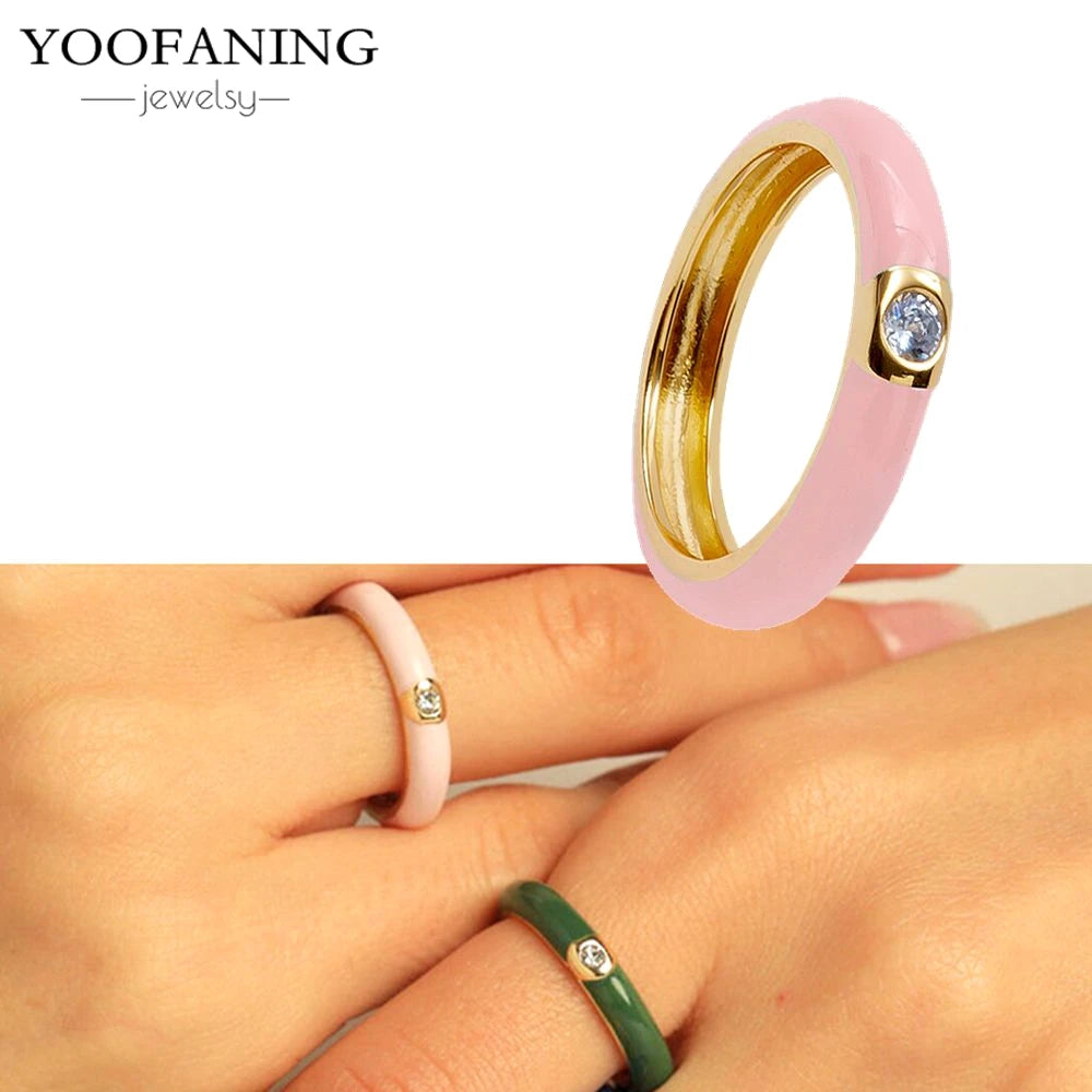 24K Gold-Plated & Silver Enamel Ring – Slim Round Women's Luxury Zircon CZ Ring in Green, Purple, Pink for Wedding & Anniversary