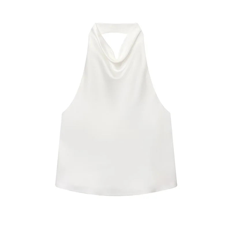 Women's Satin Halter Backless Camisole Top – Off Shoulder Summer Beach Tank Blouse