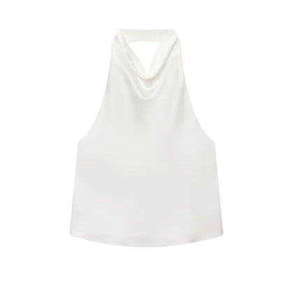 Women's Satin Halter Backless Camisole Top – Off Shoulder Summer Beach Tank Blouse