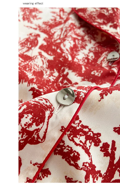 Fashion Floral Print Satin Pajamas Set for Women – Spring Summer Loose Sleepwear Loungewear Homewear Suit
