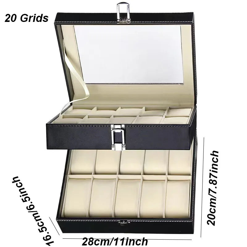 DELESYS PU Leather Watch Box — 2/3/4/5/6/8/10/12 Slot Traditional Style Storage Case with Lock, Gift Watch Organizer