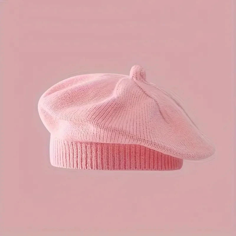 Flower Baby Beret Hat – Winter Warm Knitted Beanie for Infant & Toddler Girls, Korean Princess Artist Painter Cap Solid Color