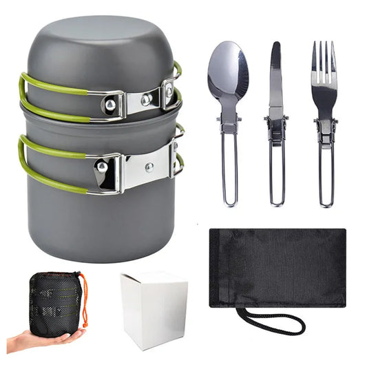Portable Camping Cookware Set: Outdoor Pot and Mini Gas Stove Kit with Foldable Spoon, Fork, and Knife - Ideal for Nature Hike Picnics