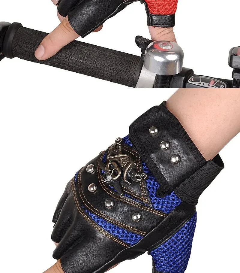 Pirate Skull PU Leather Fingerless Gloves for Men & Women – Hip Hop, Gym, Moto Half-Finger Mitts with Rivets