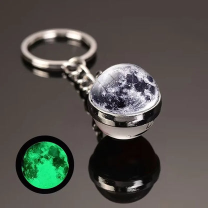 Glow in the Dark Solar System Keychain – Luminous Nebula Planet Key Ring with Moon, Earth, Sun, Double-Sided Glass Ball