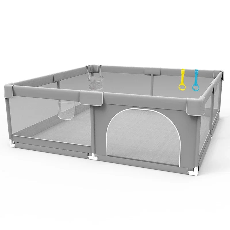 IMBABY Baby Playpen – Light Gray Corralito with Pull Ring, Child Safety Barrier Fence and Ball Box for Baby Playground
