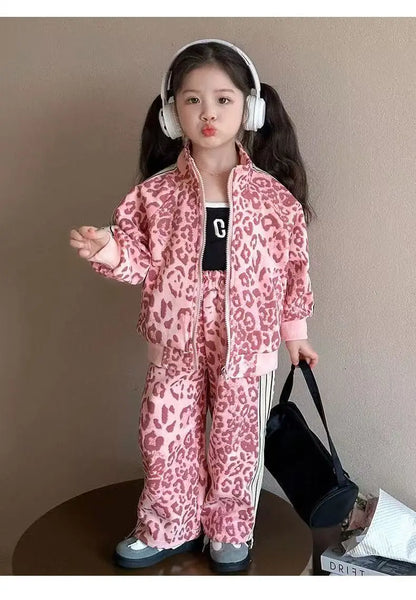 Girls' Spring Sportswear Set – Stylish Leopard Pattern Top & Pants Two-Piece Outfit for Children