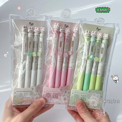 4-Piece Rabbit Gel Pen Set - 0.5mm Quick-Dry Black Ink Pens with Transparent Storage Bag for School and Office Supplies