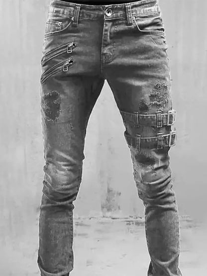 2024 Plus Size Men’s Straight Jeans – Casual Skinny Streetwear Denim Pants with Zippers in 3 Colors