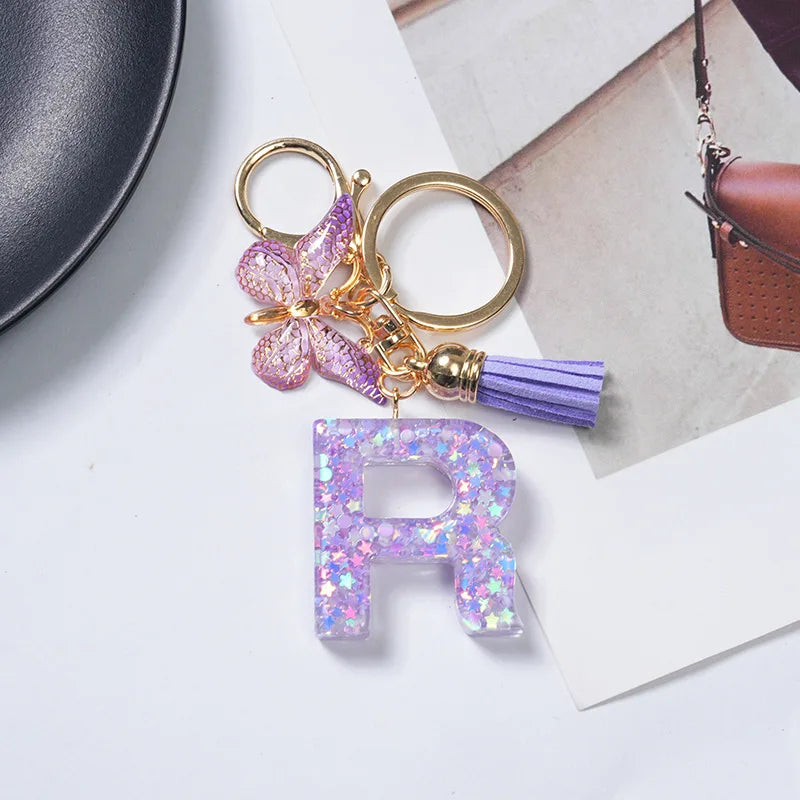 A-Z Initial Letter Sequin Keychain - Purple Butterfly Tassel Resin Keyring Backpack Charm Gift