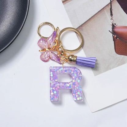 A-Z Initial Letter Sequin Keychain - Purple Butterfly Tassel Resin Keyring Backpack Charm Gift