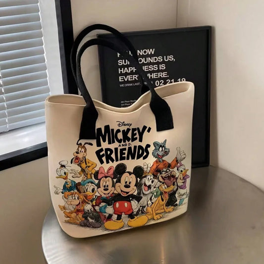 Disney Mickey Mouse & Minnie Canvas Shoulder Bag – Large Capacity Casual Tote Handbag for Women & Students, Versatile School & Daily Use Bag