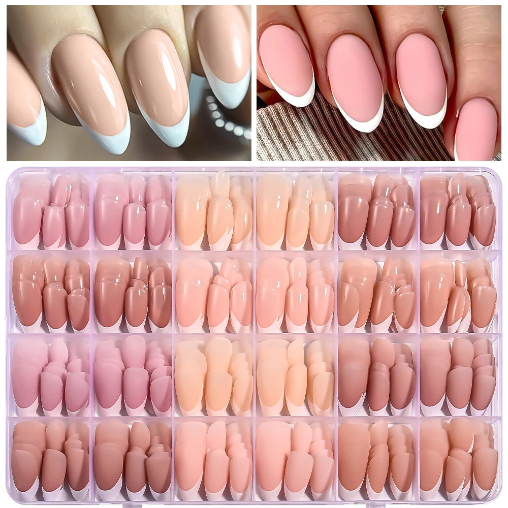 360Pcs Almond French Tip Press On Nails - Glossy Matte Full Cover White Edge False Nail Tips for Women DIY Manicure