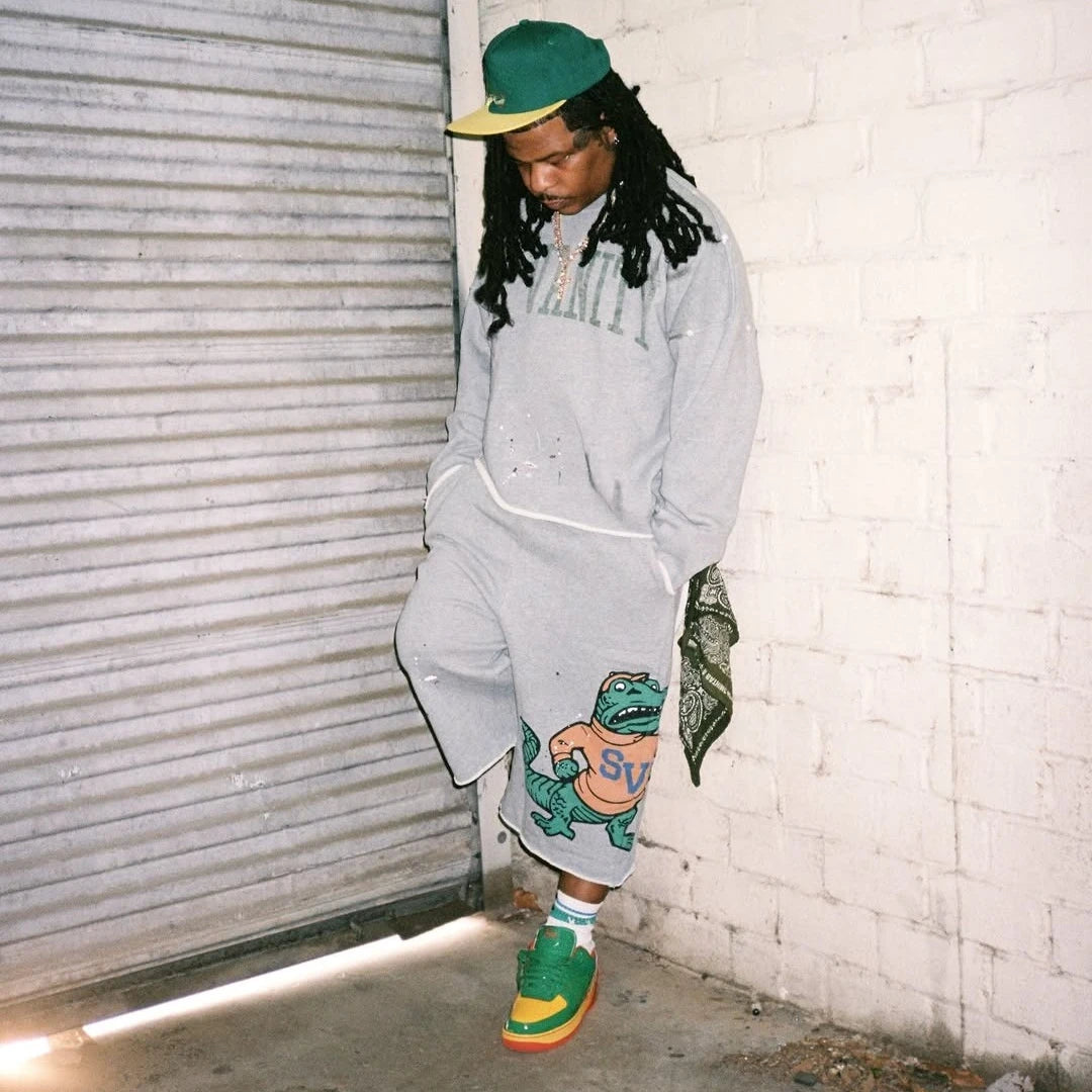 Y2K Alligator Grey T-Shirt Set - Vintage Letter Print Long Sleeve Top and Casual Shorts for Men & Women
