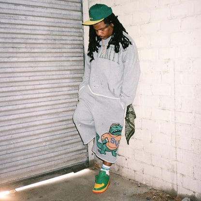 Y2K Alligator Grey T-Shirt Set - Vintage Letter Print Long Sleeve Top and Casual Shorts for Men & Women