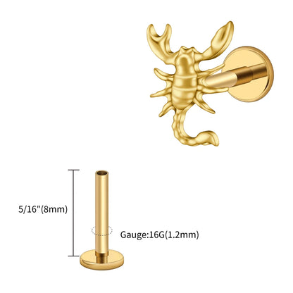 Right Grand ASTM F136 Titanium 16G Scorpion Labret Stud Earring – Flatback Zodiac Design for Tragus, Helix & Cartilage Piercing Body Jewelry