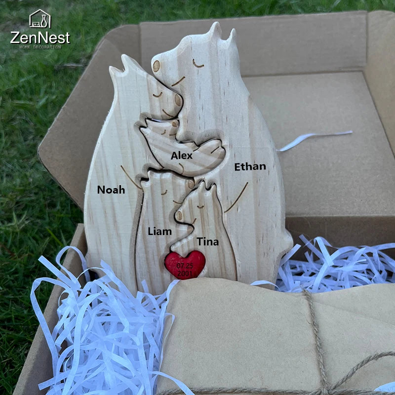 Personalized Wooden Bear Family Puzzle – Custom Name Home Decor, Thanksgiving & Christmas Gift for Mom & Baby