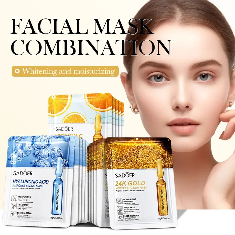 15pcs 24K Gold Hyaluronic Acid Face Mask, Firming, Moisturizing, Anti-Wrinkle, Whitening Skin Care Masks