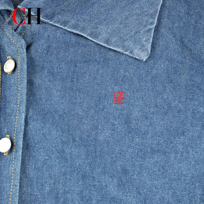 Women’s Sailor Lapel Cropped Denim Shirt - Wide Fit Embroidered Long Sleeve Casual Office Top