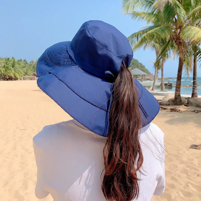 Stylish Women's Summer Sun Hat: Wide Brim UV Neck Protection Bucket Hat - Foldable Panama Cap for Beach, Travel, and Outdoor Adventures