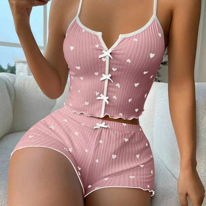Sexy Silk Heart Print Pajama Set for Women – Sleeveless V-Neck Cami Top & Shorts Loungewear