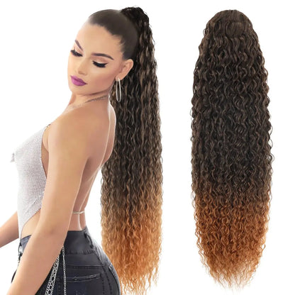 24" Long Curly Wave Drawstring Ponytail Extension – Heat Resistant Synthetic Clip-In Hairpiece for Women & Girls